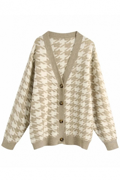 Stylish Ladies Sweater Houndstooth Pattern V-Neck Single Breasted Long Sleeve Cardigan