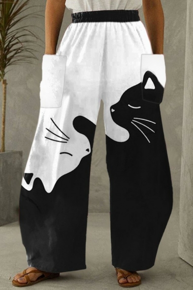 Trendy 3D Cat Printed Pants Elastic High Waist Pockets Long Straight Wide Leg Pants for Women