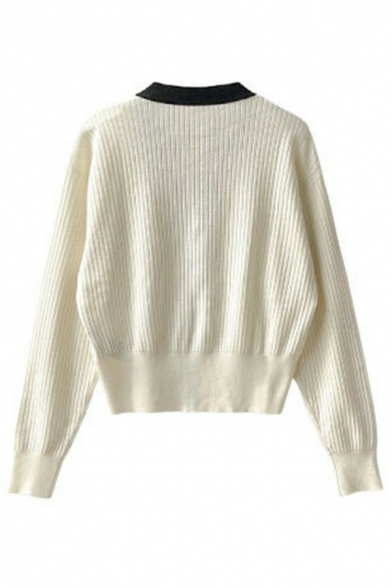 Trendy V Neck Knit Top Contrast Panel Button Down Long Sleeve Loose Fit Knit Top for Women