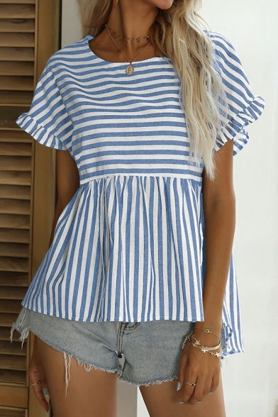 Trendy Womens Blouses Stripe Pattern Round Neck Regular Fit Shirt with Ruffles