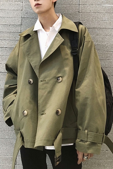 Unique Guy's Coat Pure Color Long Sleeves Baggy Double Breasted Lapel Collar Trench Coat