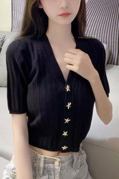 Unique Ladies Sweater Solid V-Neck Starfish Button Short Sleeve Cropped Cardigan