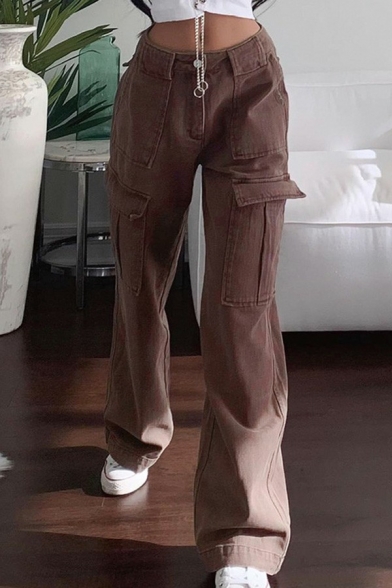 Vintage Ladies Denim Pants High Waist Zipper Closure Flap Pockets Long Straight Cargo Pants in Brown