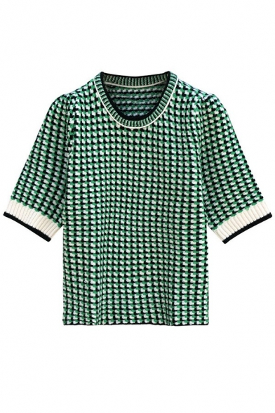 Vintage Womens Knit Top Round Collar Plaid Pattern Half Sleeve Loose Fit Knit Sleeve in Green