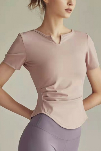 Casual Ladies T-Shirt Plain Split Neck Short Sleeve Curve Hem Fitness T-Shirt