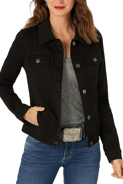 Classic Denim Jacket Spread Collar Faded Wash Button Down Regular Fit Denim Jacket for Women
