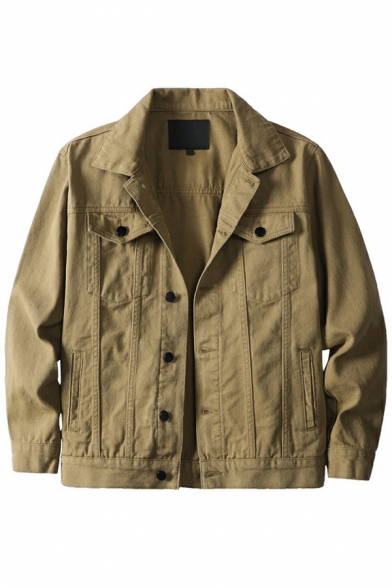 Classic Jacket Plain Flap Pocket Spread Collar Long Sleeve Button up Denim Jacket for Guys