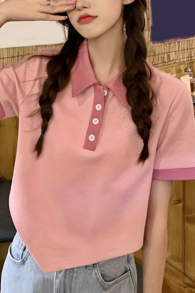 Classic Womens Polo Shirt Contrast Trim Turn Down Collar Asymmetric Hem Short Sleeve Polo Shirt