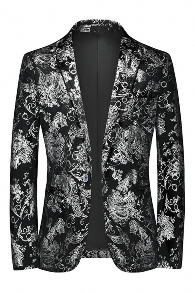 Cozy Mens Blazer Jacquard Print Slim Fit Pocket Notched Collar Single Button Suit Blazer