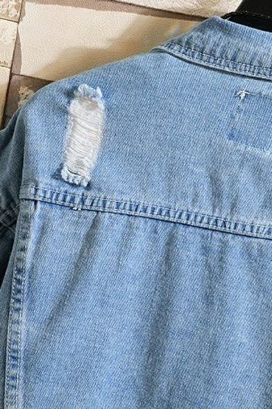 Daily Men Jacket Plain Distressed Design Button Closure Spread Collar Pocket Detail Denim Jacket