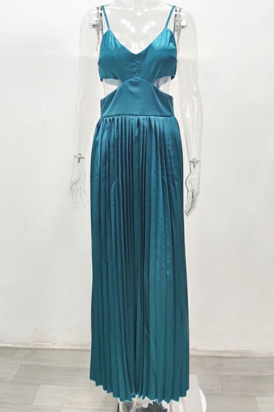 Designer Womens Dress Plain Spaghetti Straps Hollow Maxi Pleated Dress