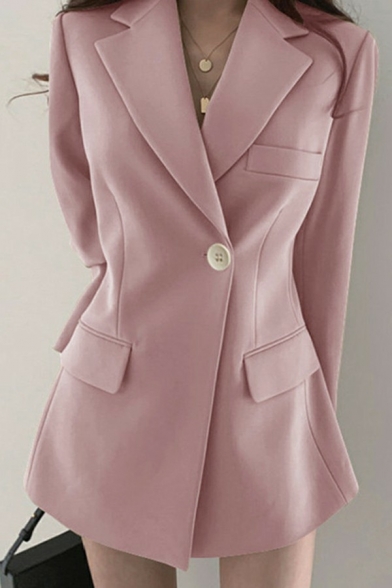 Elegant Womens Blazers Plain Notched Lapel Single Button Long Sleeve Flap Pockets Short Blazers