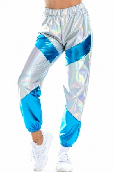 Fancy Womens Shiny Pants Color Block Elastic Waist Mid Rise Elastic Cuffs Ankle Length Loose Fit Pants
