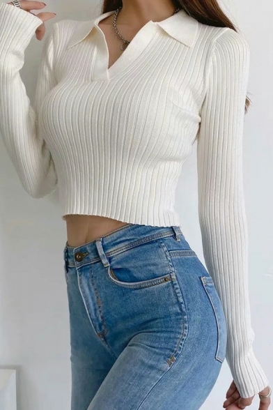 Fashion Plain Knit Top V Neck Long Sleeve Slim Fit Cropped Knit Top for Ladies