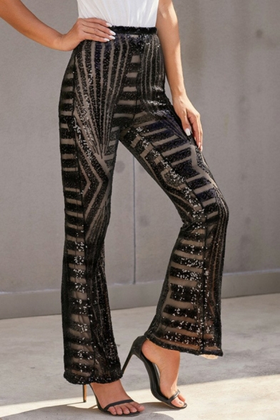 Fashionable Ladies Flared Pants Striped Print High Waist Long Sequined Pants