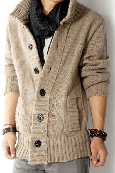Guy's Elegant Cardigan Pure Color Stand Collar Long Sleeves Relaxed Button down Cardigan