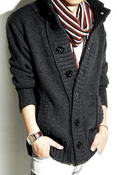 Guy's Elegant Cardigan Pure Color Stand Collar Long Sleeves Relaxed Button down Cardigan