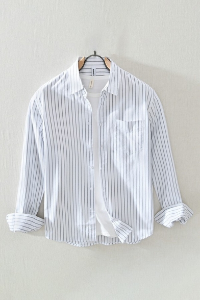 Guys Fashion Shirt Stripe Print Chest Pocket Long Sleeve Spread Collar Fit Button Up Shirt