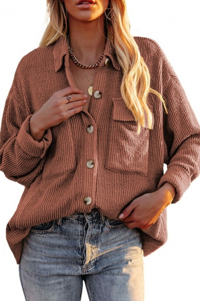 Leisure Corduroy Jacket Pure Color Button Closure Turn Down Collar Flap Pockets Loose Fit Long Sleeve Jacket