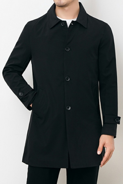 Mens Freestyle Coat Plain Regular Long-sleeved Turn-down Collar Button Fly Trench Coat