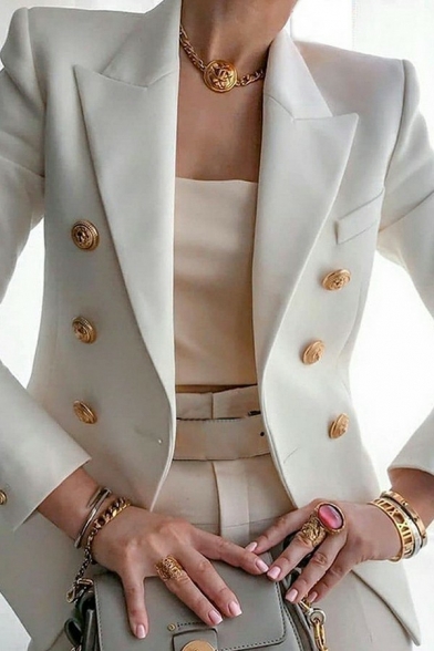 Modern Ladies Blazers Plain Lapel Collar Double Breasted Long Sleeve Short Blazers