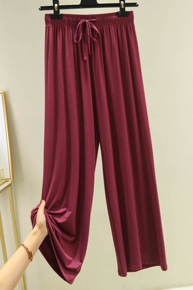 Modern Ladies Pants Plain Drawstring Waist High Rise Straight Wide Leg Pants