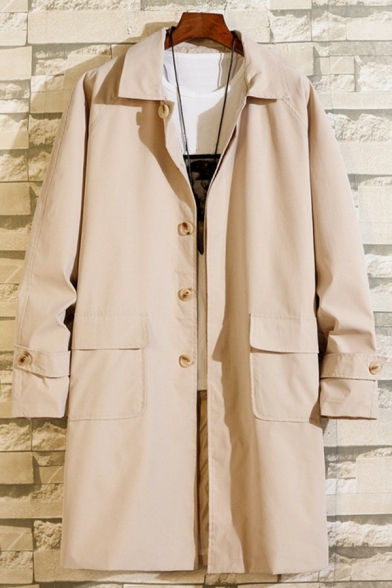 Novelty Guys Trench Coat Pure Color Spread Collar Single-Breasted Flap Pocket Trench Coat