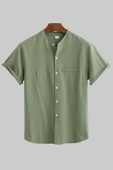 Retro Mens Shirt Pure Color Round Collar Relaxed Fit Short Sleeve Button Closure Shirt