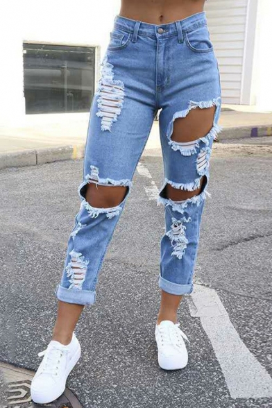 Retro Womens Jeans Zipper Closure Distressed Ripped Knee Cut Slim Fit Cropped Jeans
