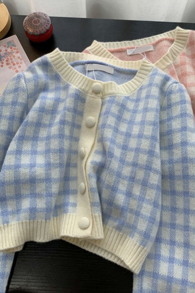 Retro Womens Knit Cardigan Plaid Pattern Round Collar Single Breasted Long Sleeve Oversized Cardigan