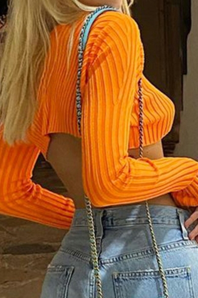 Sexy Girls Sweater Plain Metal Buckle Long Sleeve Cropped Cardigan