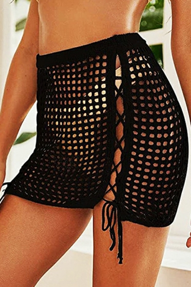 Sexy Womens Beach Skirt Plain Hollow Out Lace-Up Knitted Bodycon Mini Skirt