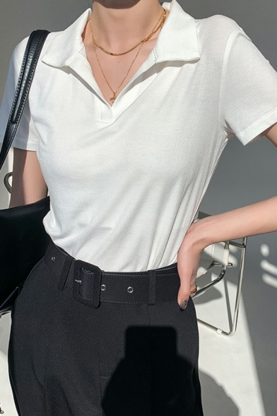 Simple Womens Polos Plain Spread Collar Short Sleeve Slim Polo