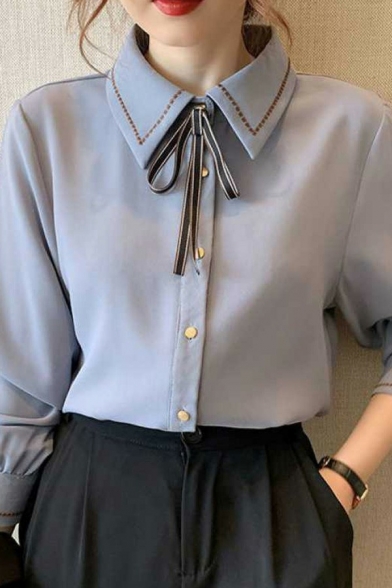 Simple Womens Shirt Plain Turn-Down Collar Bow Single Breasted Long Sleeve Shirt
