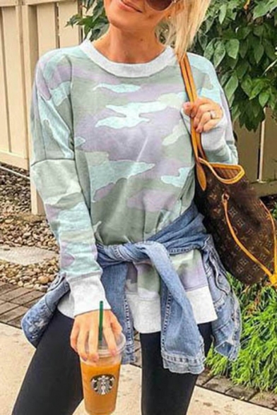 Stylish Womens Sweatshirt Camouflage Printed Round Neck Long Sleeve Sweatshirt