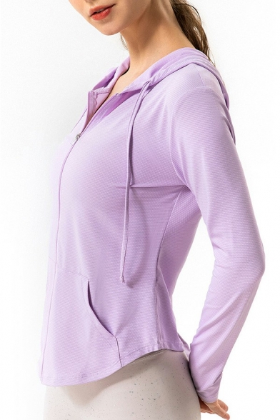 Womens Workout Hooded Jacket Pure Color Zipper Up Curved Hem Regular Fit Gym Jacket