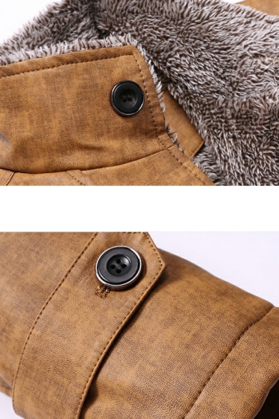 Basic Plain Leather Jacket Stand Collar Pocket Detail Zip Closure Fitted Leather Jacket for Men