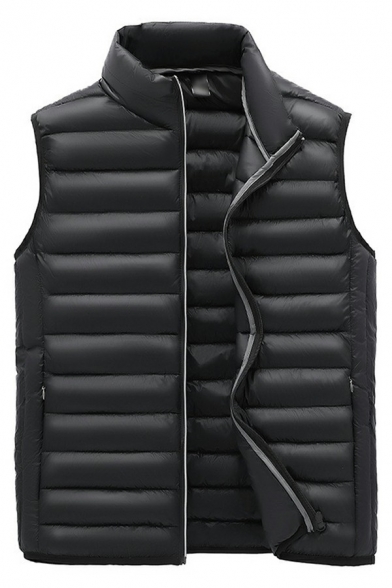 Casual Mens Vest Stand Collar Pure Color Thicken Zip Closure Regular Fit Vest with Pocket