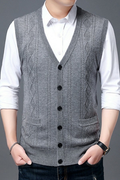 Casual Sweater Vest Diamond Print V-Neck Regular Fit Knitted Vest for Men
