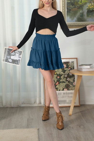Casual Womens Cotton Skirt High Elastic Waist Solid Color Ruffles Detail A-Line Mini Skirt