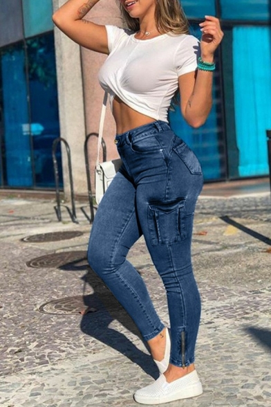 Casual Womens Skinny Jeans Mid Waist Zip Fly Dash Wash Zipper Detail Jeans with Flap Pockets