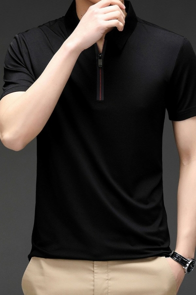 Classic Guys Polo Shirt Whole Colored Zip Regular Fit Short-sleeved Polo Shirt