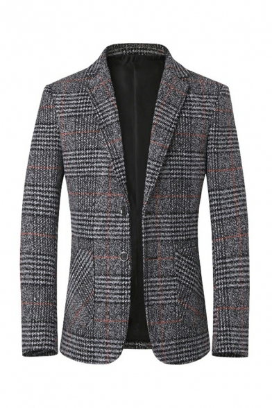Daily Men's Suit Jacket Plaid Print Lapel Collar Button Closure Pocket Detail Suit Jacket