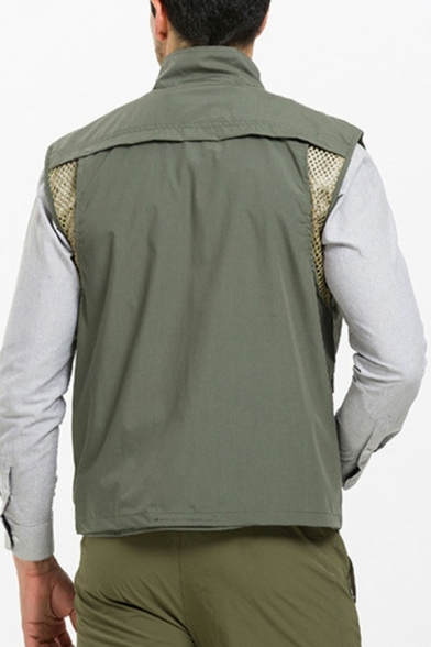 Dashing Guy's Vest Whole Colored Multi Pockets Stand Collar Sleeveless Regular Zipper Vest