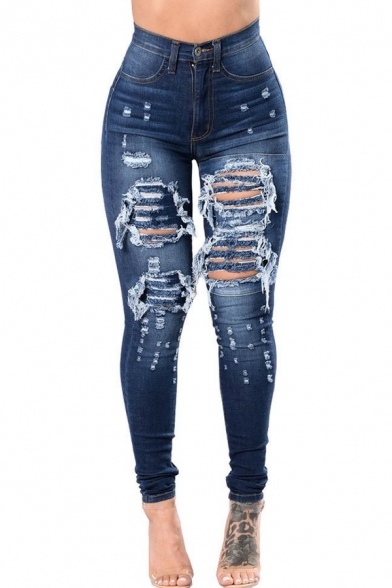 Edgy Ladies Jeans Darkwash Blue Zip Closure High Rise Ripped Cut-Outs Skinny Denim Pants