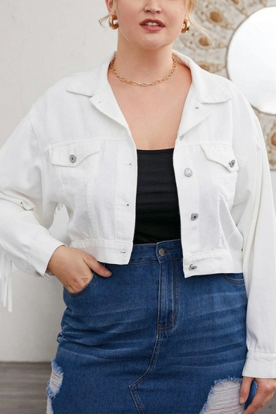 Fashion Womens White Denim Jacket Spread Collar Button Closure Loose Fit Plus Denim Jacket with Fringe