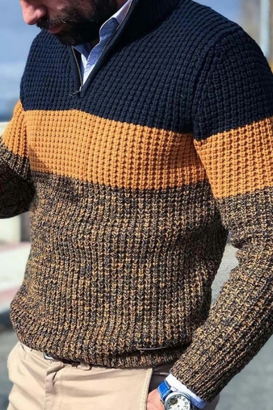 Hot Sweater Contrast Color Long Sleeve Regular 1/4 Zipper Stand Collar Sweater for Men