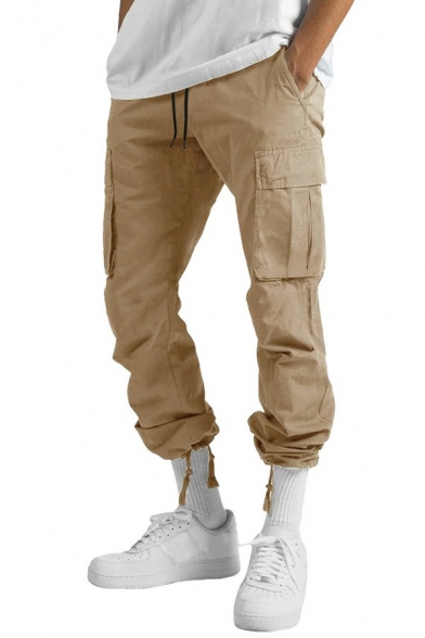 Leisure Pants Pure Color Flap Pocket Mid Rise Regular Fit Drawstring Cargo Pants for Men