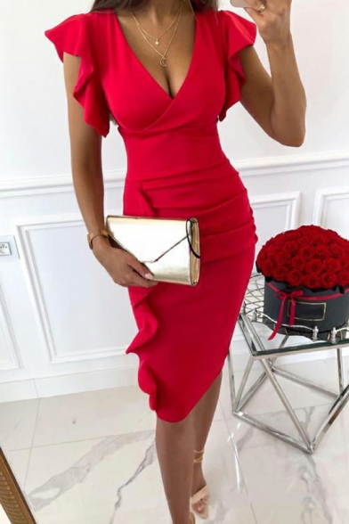 Leisure Solid Color Dress Ruffles Detail Deep V-Neck Cap Sleeve Slim Fitted Midi Dress for Women