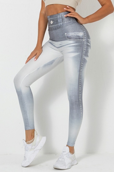 Leisure Womens Leggings Contrast Jeans Print Elastic Waist High Rise Workout Leggings
